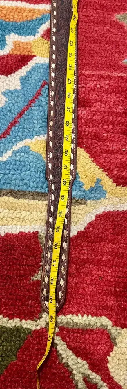 Nocona Belt  #876 Tooled Western Leather Belt w/ White Stitch Sz 34;No Buckle